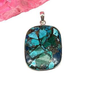 Mosaic Kingman Turquoise Copper Matrix Stone Necklace Solid 925 Sterling Silver